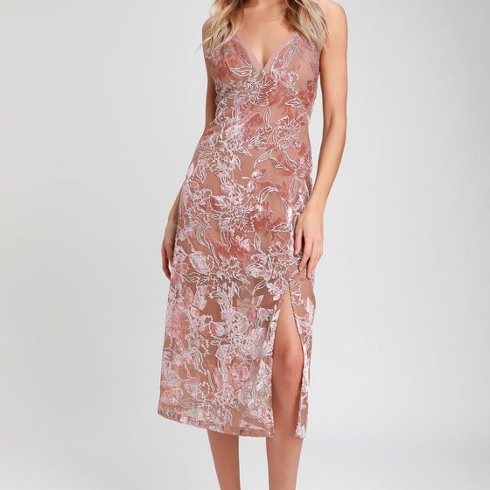 Lulus Katrin Mauve Burnout Velvet Floral Print Midi Dress medium